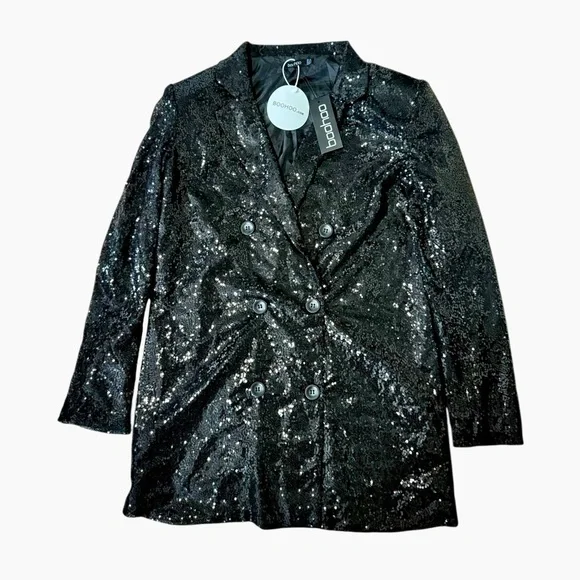 Boohoo  Sequin Blazer Dress Black Double Breasted Party Jacket NWT Holiday NYE - Picture 2 of 8